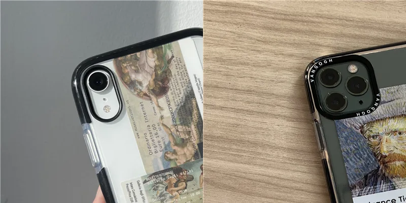 Side-by-side comparison of two printed phone cases: one with a single small camera cutout, one with a large square triple-lens module